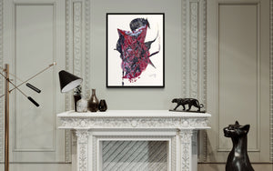 Red, black and grey ink abstract collage drawing with ink on white paper, displayed on a wall above a white marble fireplace.
