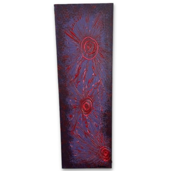 36" x 12" x 1.5" abstract painting with blue background and red designs