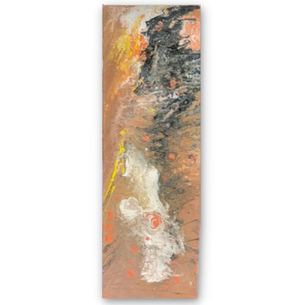 36" x 12" x 1.5" abstract painting with orange, green, yellow, white and hints of gray
