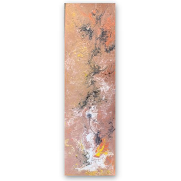 36" x 12" x 1.5" Abstract painting with orange, green, white, gray and yellow