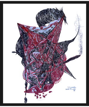 Red, black and grey ink abstract collage drawing with ink on white paper